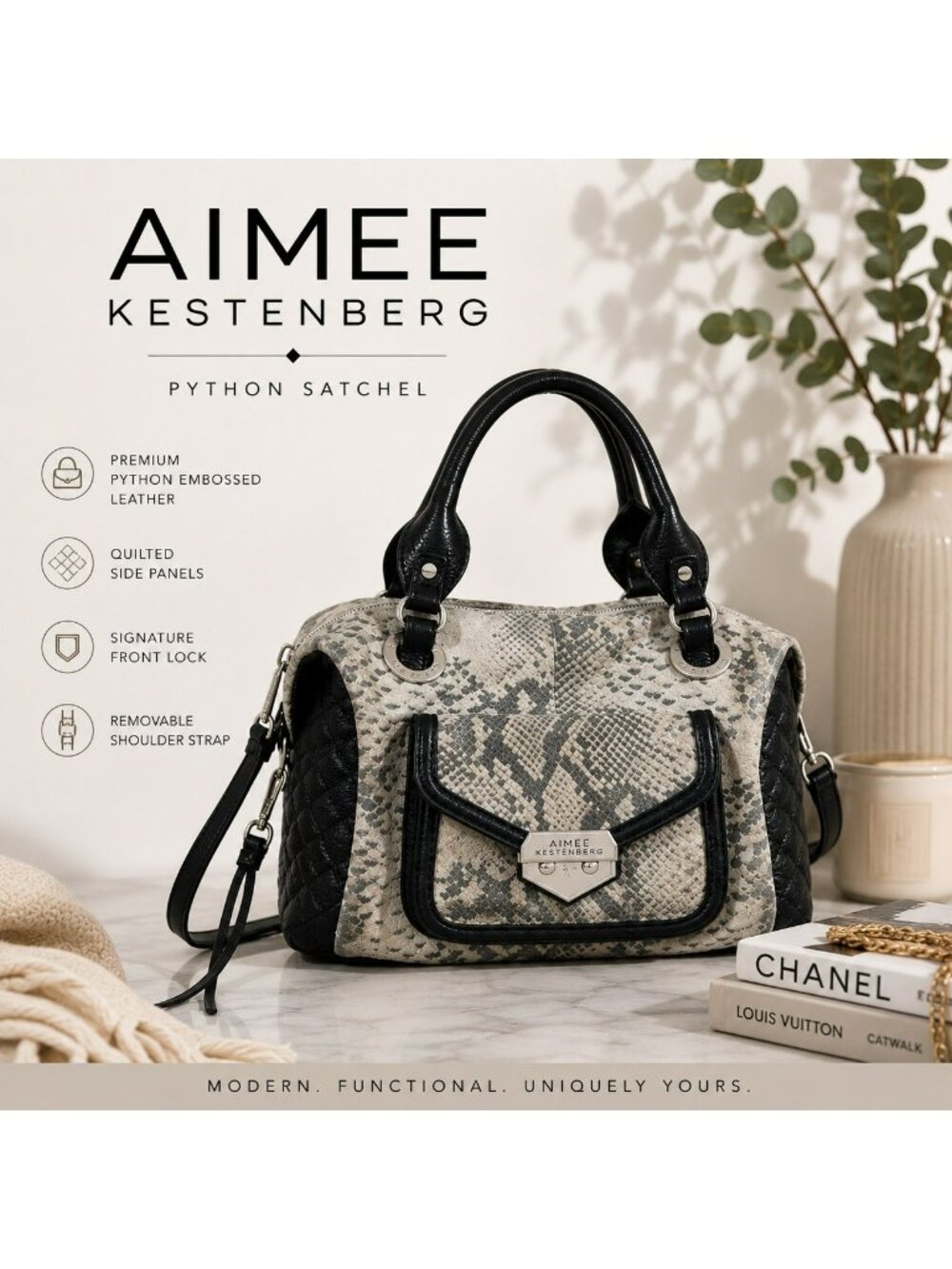Aimee Kestenberg Snake Print & Black Leather Handbag With Quilted Sides & Silver